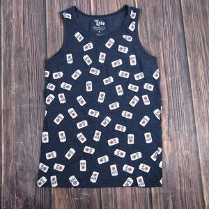 Miller Lite Tank Top Shirt Mens Medium Navy Blue All Over Beer Cans Graphic Bar